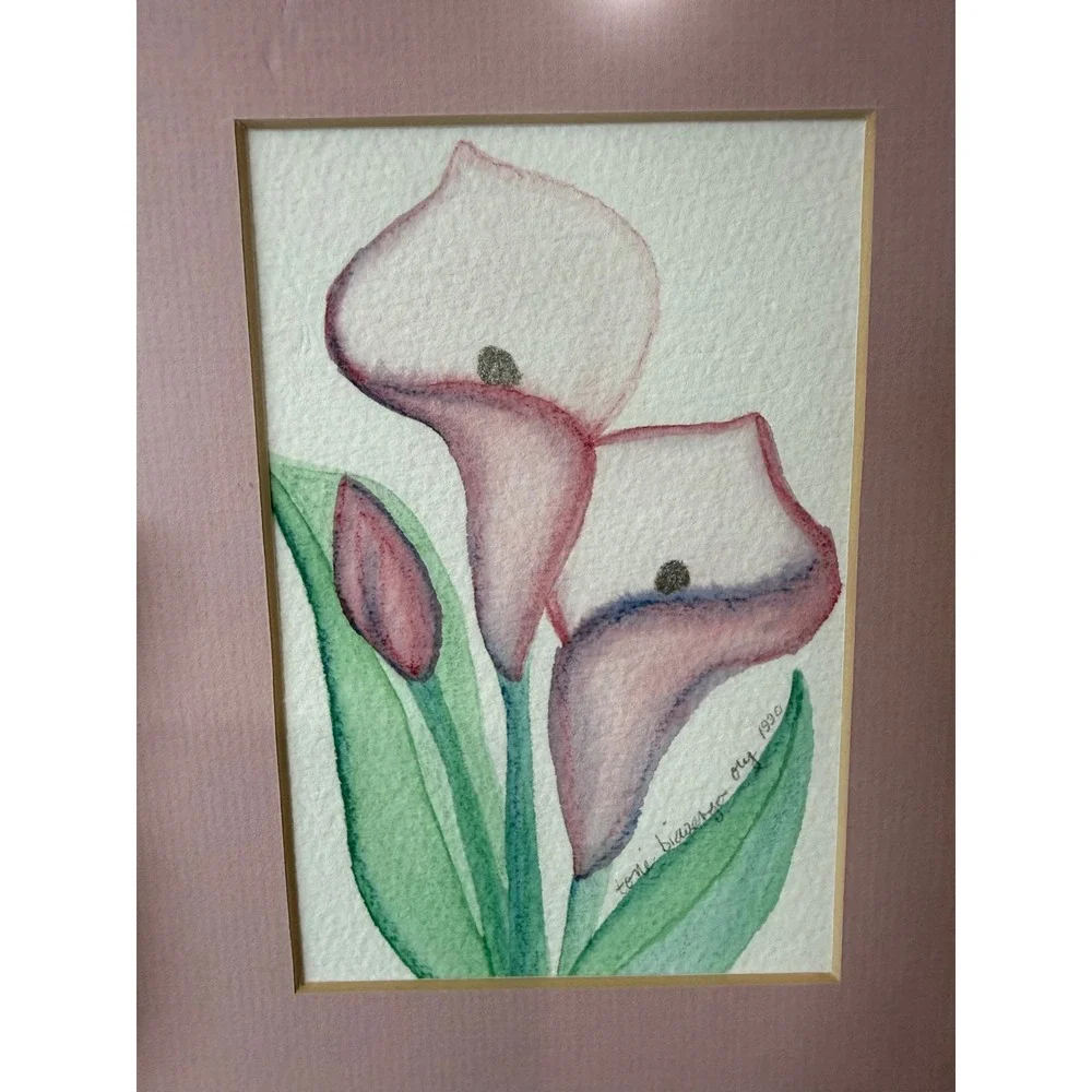Vintage Toni Biewenga Ory Calla Lily Art Pair Signed 1990 Pink Floral Wall Decor